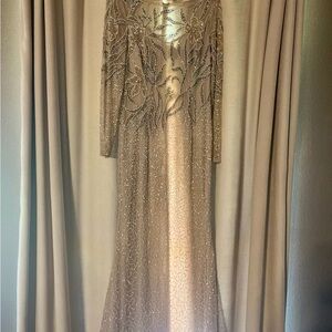 Adrianna Papell Champagne Beaded Long Sleeve Evening Gown